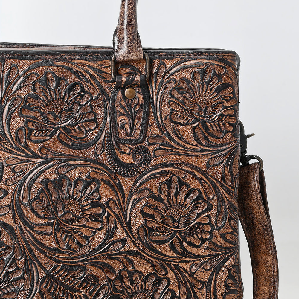 ADBG1532 Metallic Bronze Tooled Leather Tote Bag - All-Over Western Floral Design