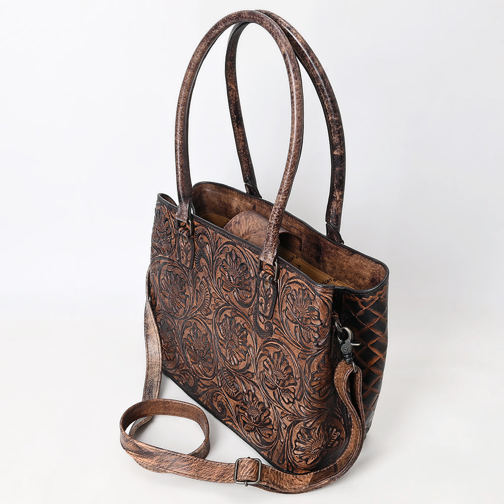 ADBG1532 Metallic Bronze Tooled Leather Tote Bag - All-Over Western Floral Design