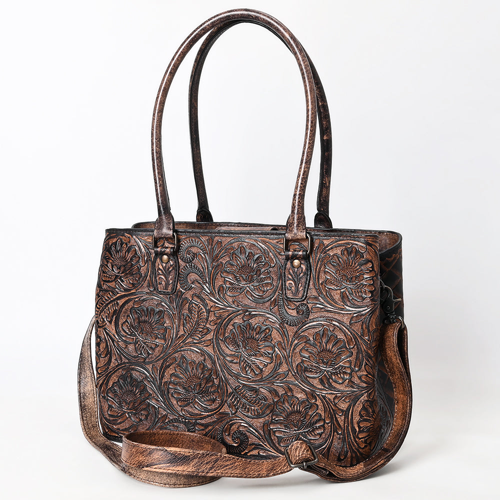 ADBG1532 Metallic Bronze Tooled Leather Tote Bag - All-Over Western Floral Design