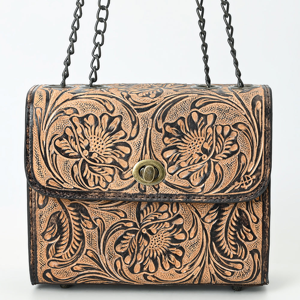 ADBG1534 Tan Floral Hand-Tooled Leather Shoulder Bag - Western Chain Strap Purse