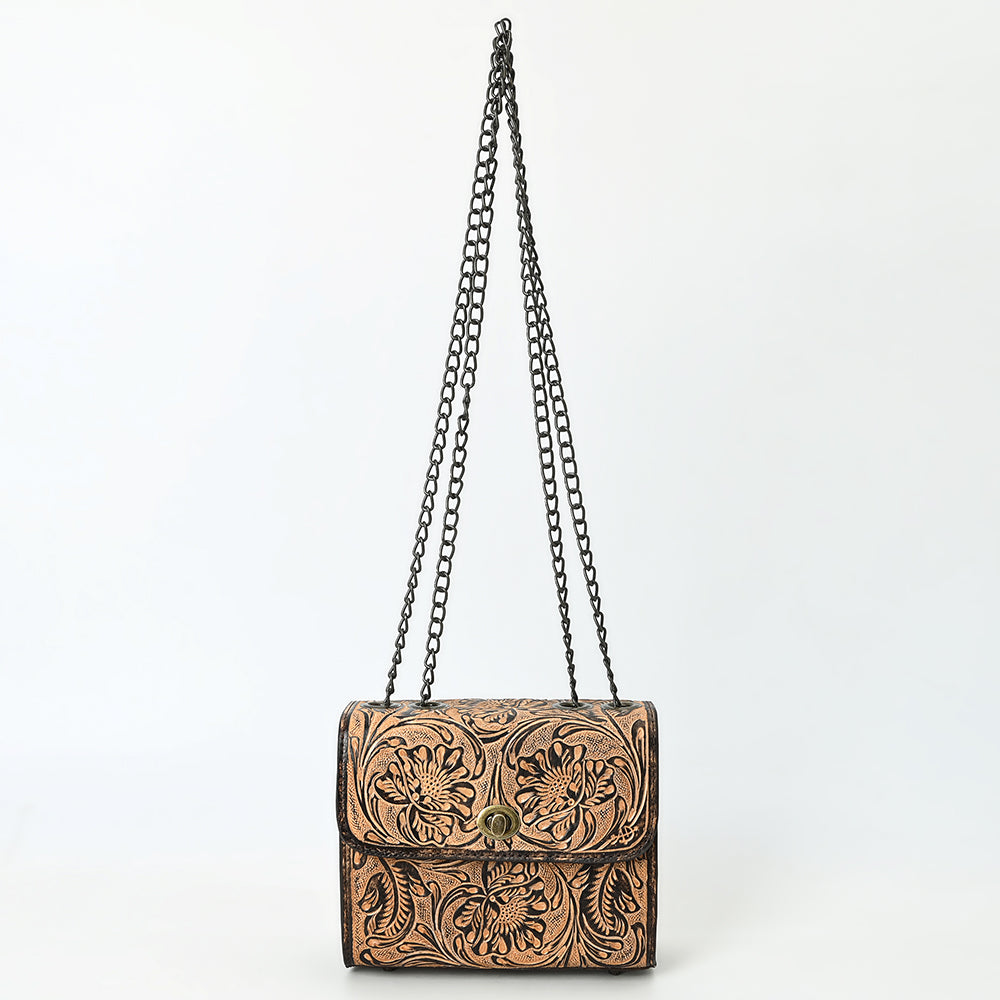 ADBG1534 Tan Floral Hand-Tooled Leather Shoulder Bag - Western Chain Strap Purse