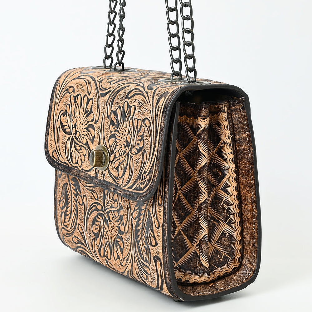 ADBG1534 Tan Floral Hand-Tooled Leather Shoulder Bag - Western Chain Strap Purse