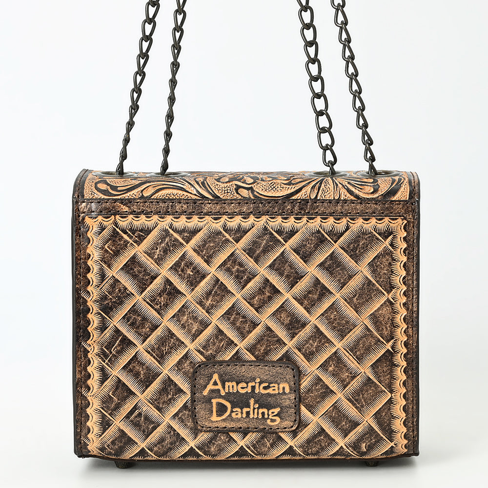 ADBG1534 Tan Floral Hand-Tooled Leather Shoulder Bag - Western Chain Strap Purse