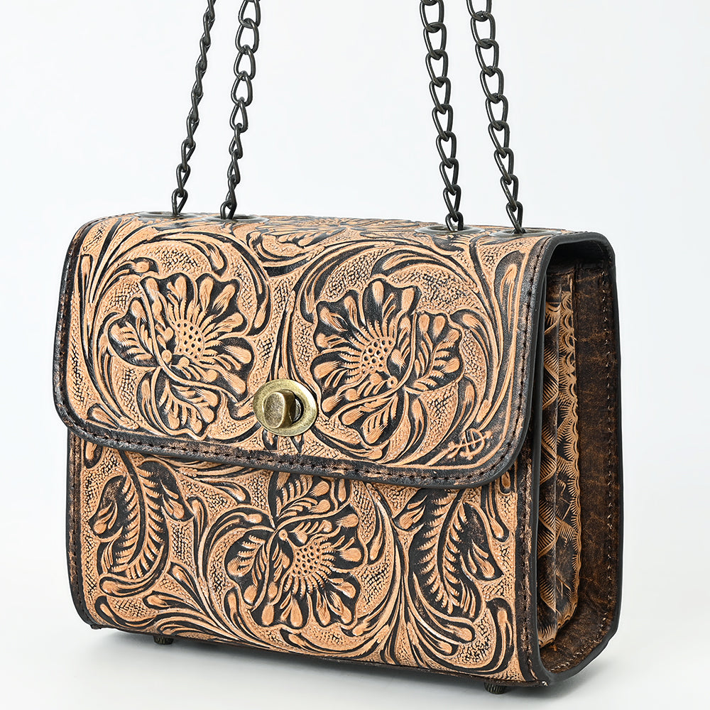 ADBG1534 Tan Floral Hand-Tooled Leather Shoulder Bag - Western Chain Strap Purse