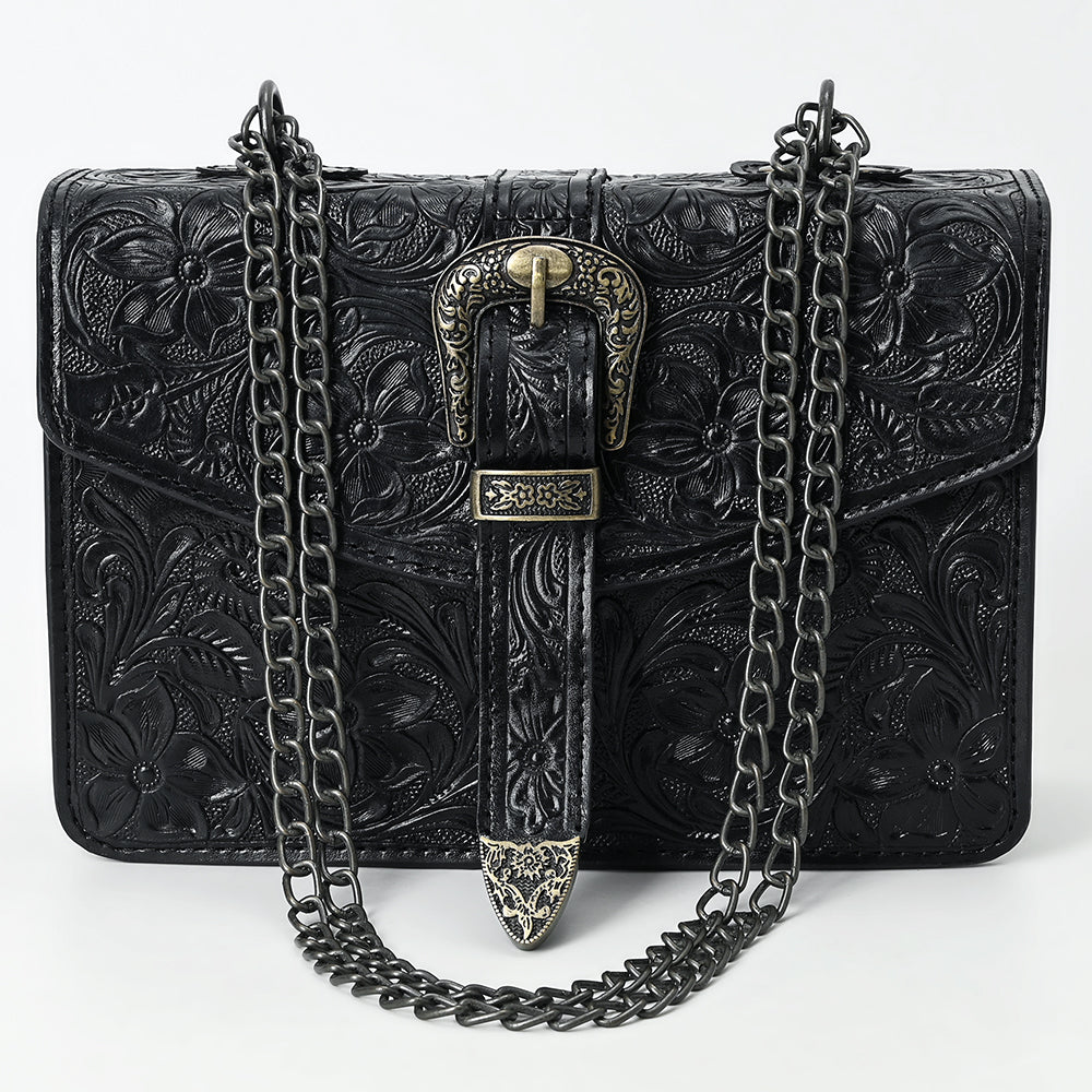 ADBG1535 Western Hand-Tooled Leather Crossbody Bag with Buckle Strap & Chain - Floral Tooled Design