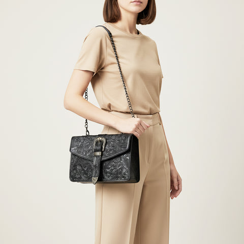 American Darling Western Leather Small Crossbody Bag with Hand-Tooled Floral Design & Chain Strap