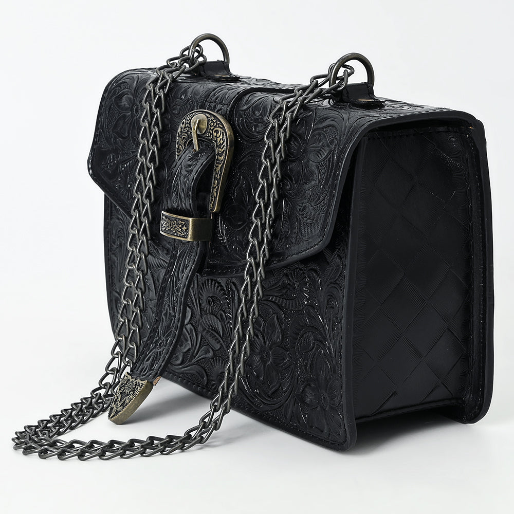 ADBG1535 Western Hand-Tooled Leather Crossbody Bag with Buckle Strap & Chain - Floral Tooled Design