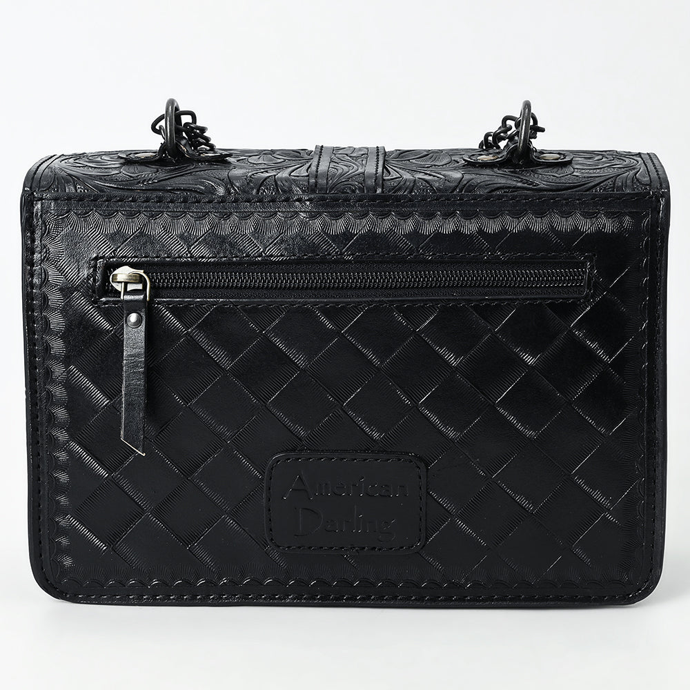 ADBG1535 Western Hand-Tooled Leather Crossbody Bag with Buckle Strap & Chain - Floral Tooled Design