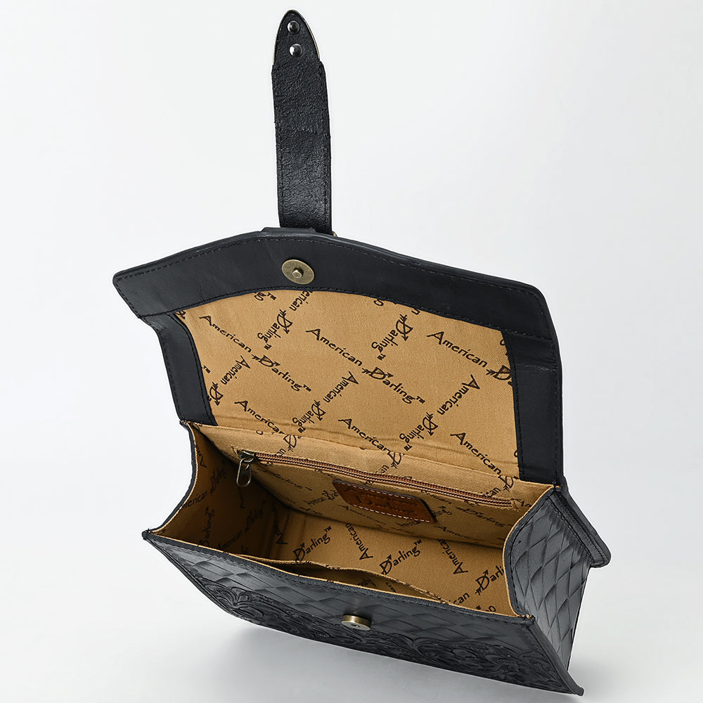 ADBG1535 Western Hand-Tooled Leather Crossbody Bag with Buckle Strap & Chain - Floral Tooled Design