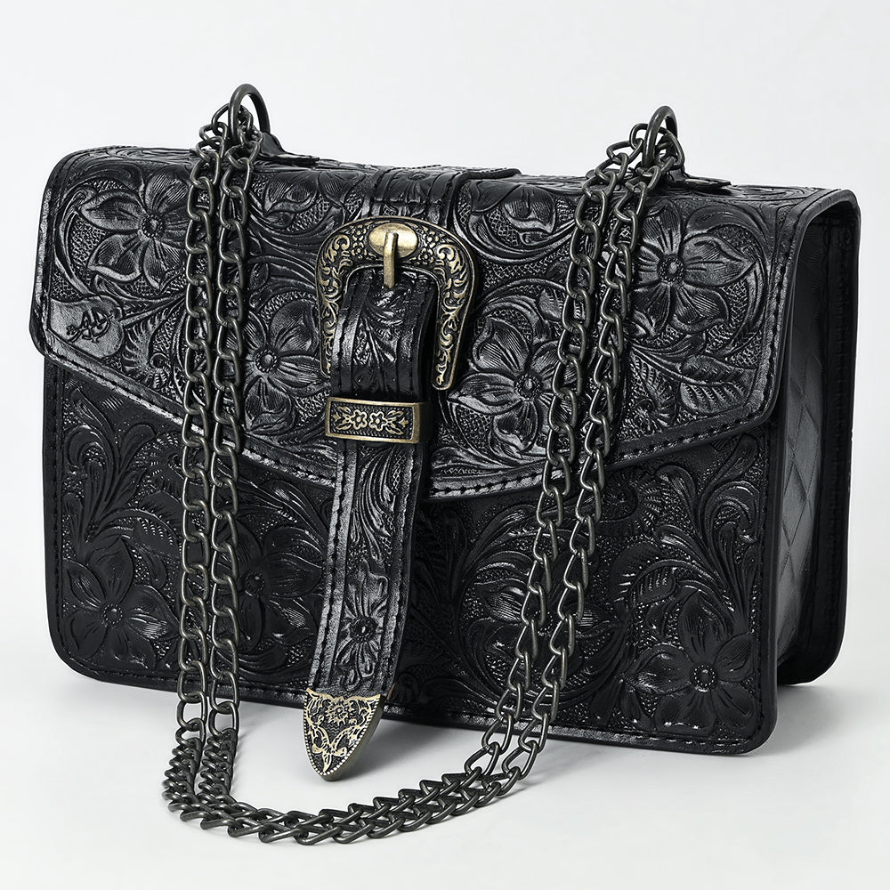 ADBG1535 Western Hand-Tooled Leather Crossbody Bag with Buckle Strap & Chain - Floral Tooled Design