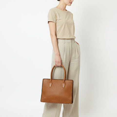 ADBGM301 Classic Western Leather Tote - Structured Caramel-Trimmed Handbag with Braided Edge