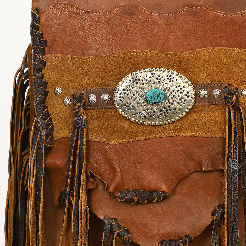 ADBGM253 Distressed Leather Fringe Messenger - Western Raw Edge Purse with Turquoise Concho