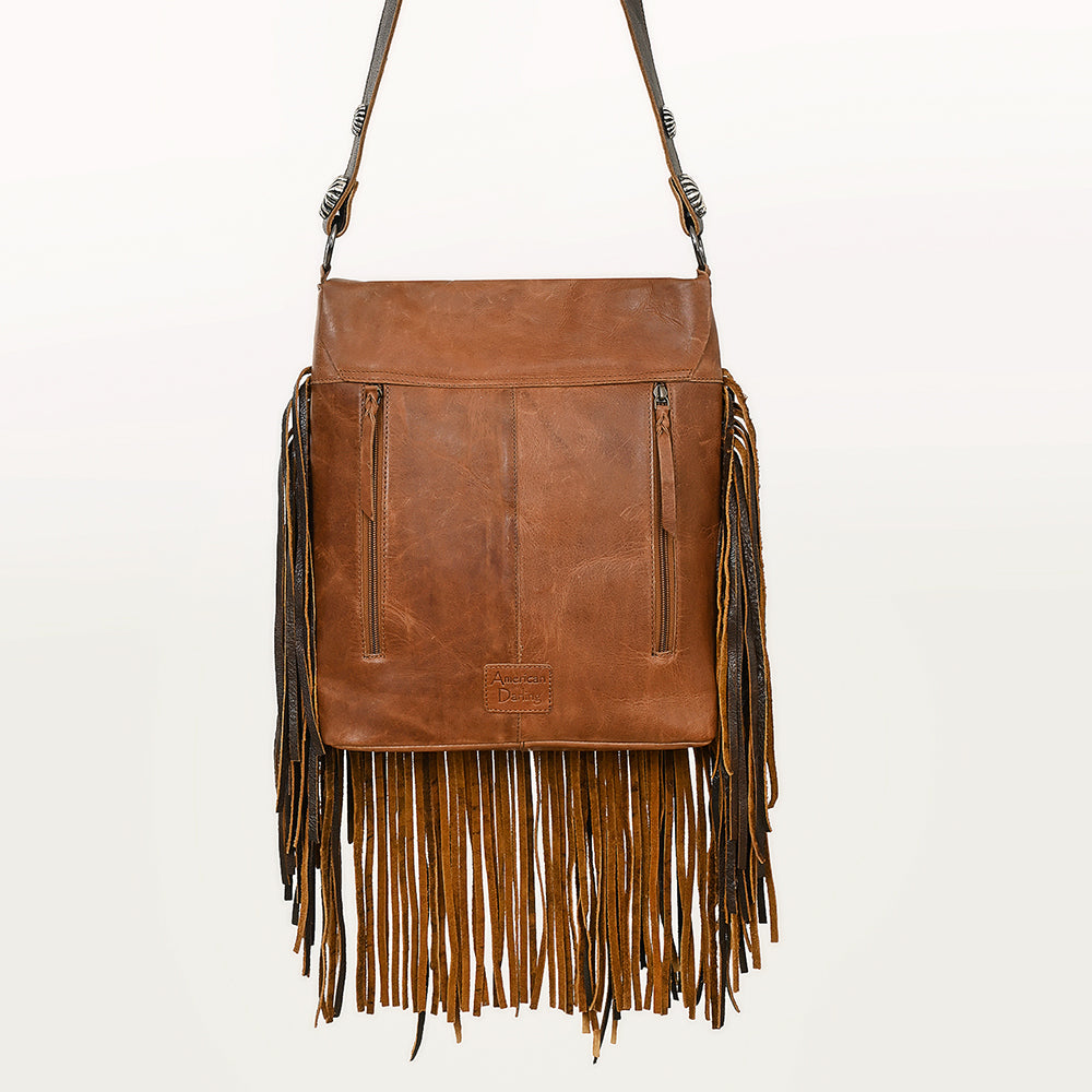 ADBGM253 Distressed Leather Fringe Messenger - Western Raw Edge Purse with Turquoise Concho