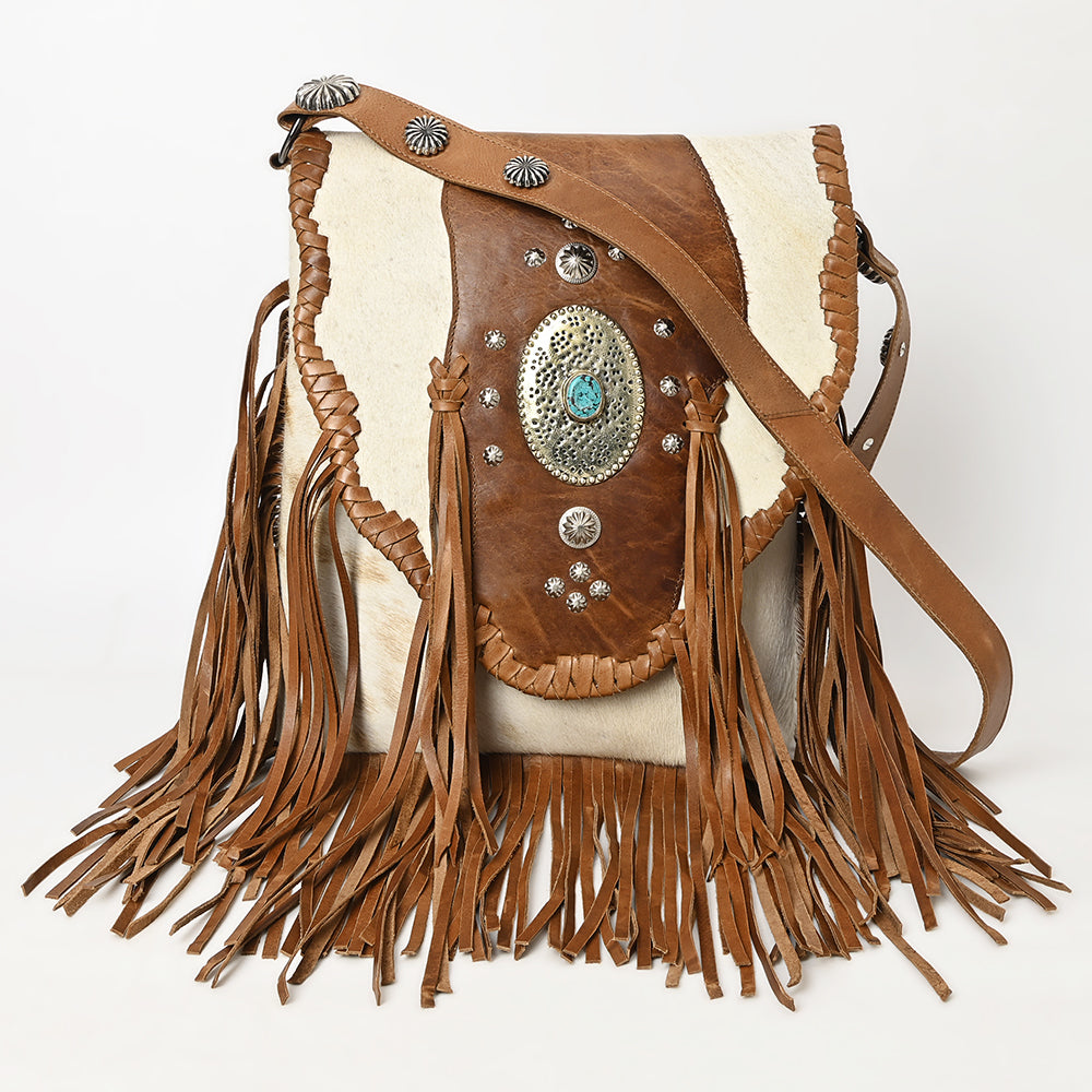 ADBGM253E Cowhide Leather Fringe Messenger Bag - Western Flap Purse with Turquoise Concho