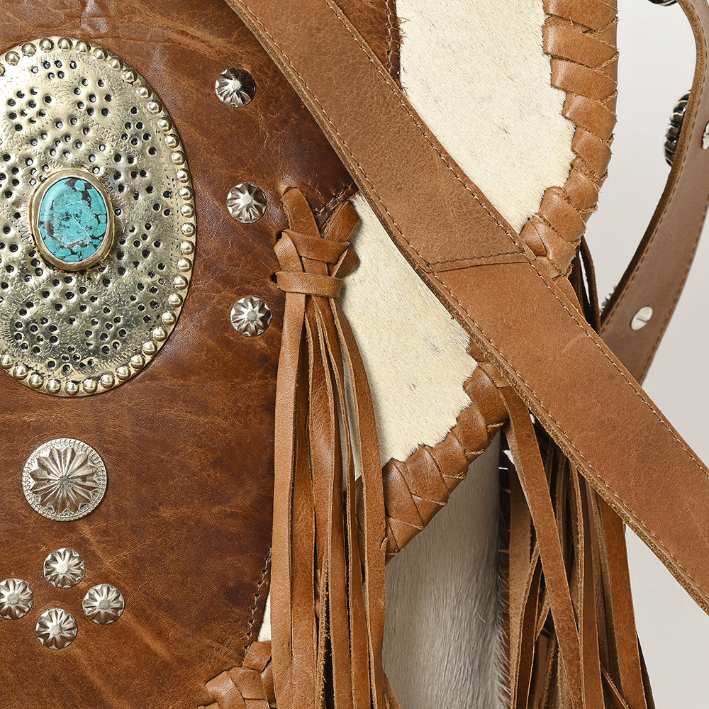 ADBGM253E Cowhide Leather Fringe Messenger Bag - Western Flap Purse with Turquoise Concho