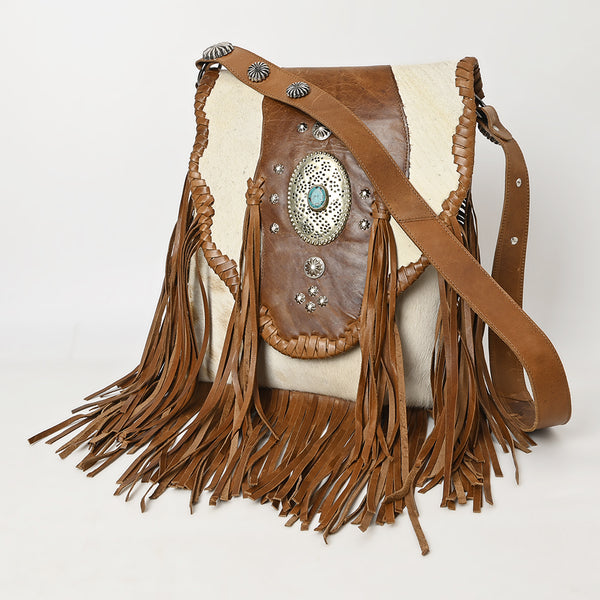 ADBGM253E Cowhide Leather Fringe Messenger Bag - Western Flap Purse with Turquoise Concho
