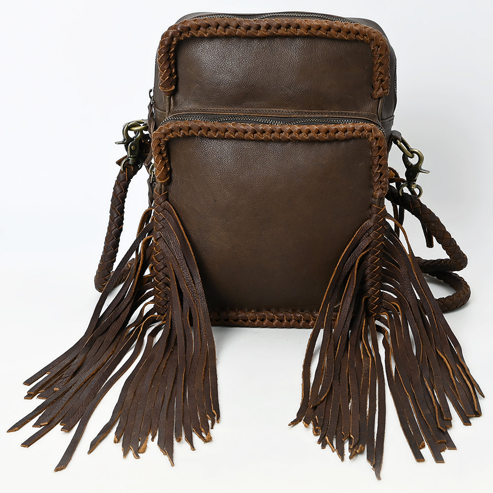 ADBGM354 Leather Fringe Crossbody Bag - Dual Pocket Western Braided Mini Purse