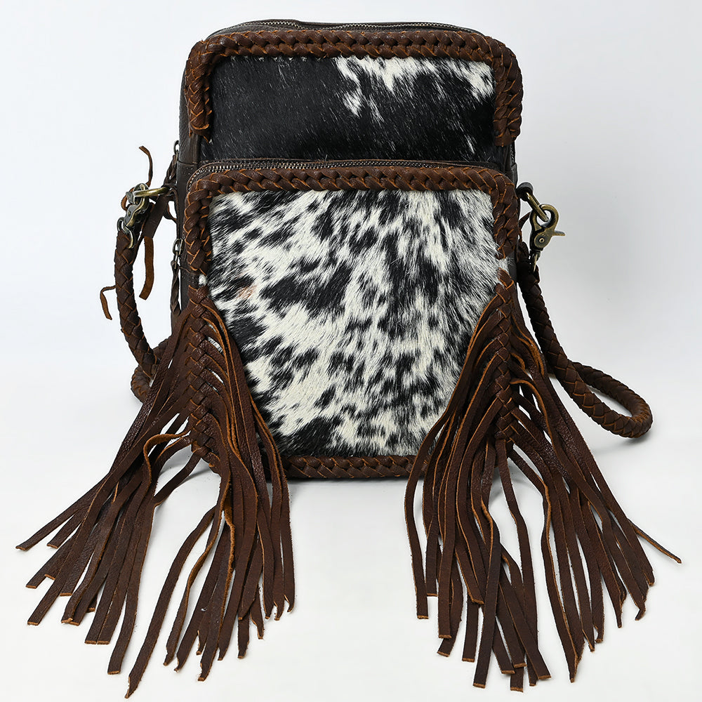 ADBGM354B Hair-On Cowhide Fringe Crossbody Bag - Dual Pocket Mini Western Leather Purse