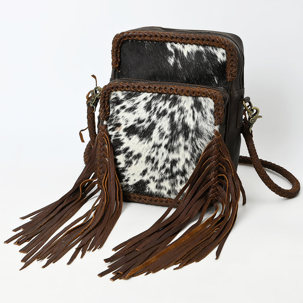 ADBGM354B Hair-On Cowhide Fringe Crossbody Bag - Dual Pocket Mini Western Leather Purse