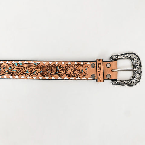 LC-ADBLF258 Tan Floral Tooled Leather Belt with Turquoise Accents and Whipstitch Edge