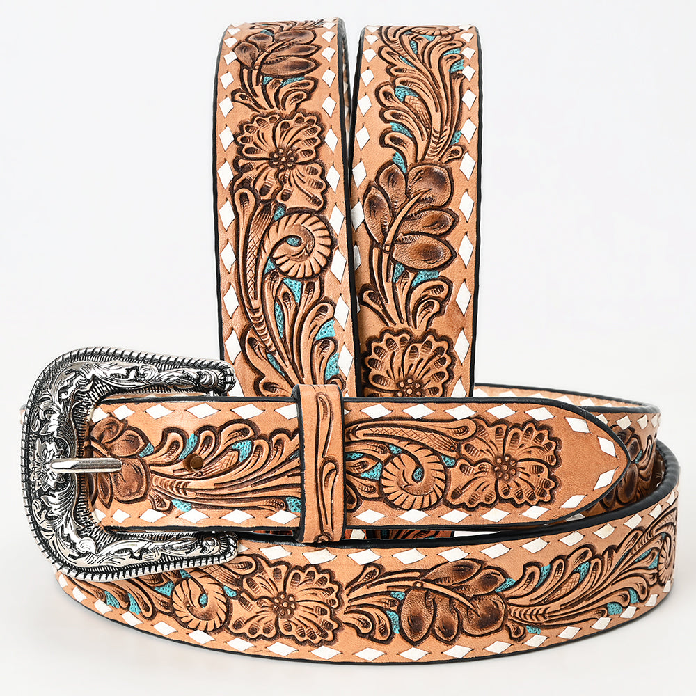 LC-ADBLF258 Tan Floral Tooled Leather Belt with Turquoise Accents and Whipstitch Edge