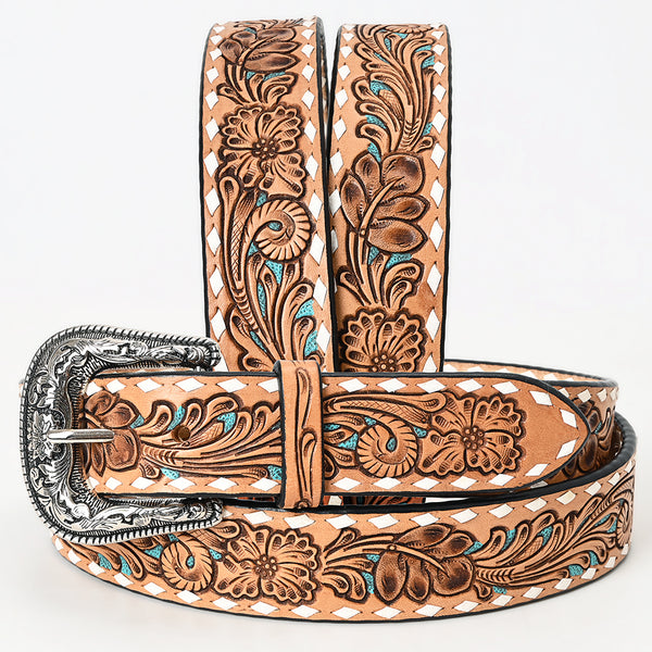 LC-ADBLF258 Tan Floral Tooled Leather Belt with Turquoise Accents and Whipstitch Edge