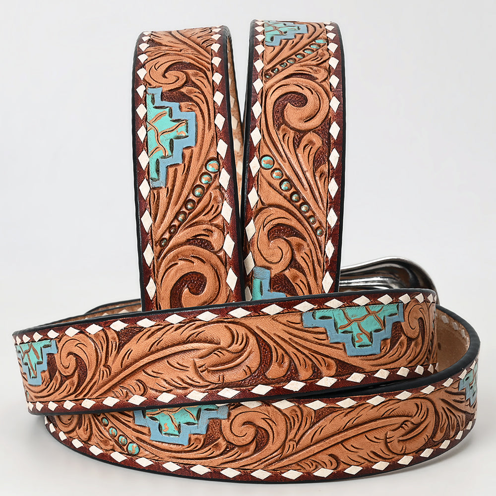ADBLF259 Turquoise Aztec Tooled Leather Belt with Whipstitch and Engraved Buckle