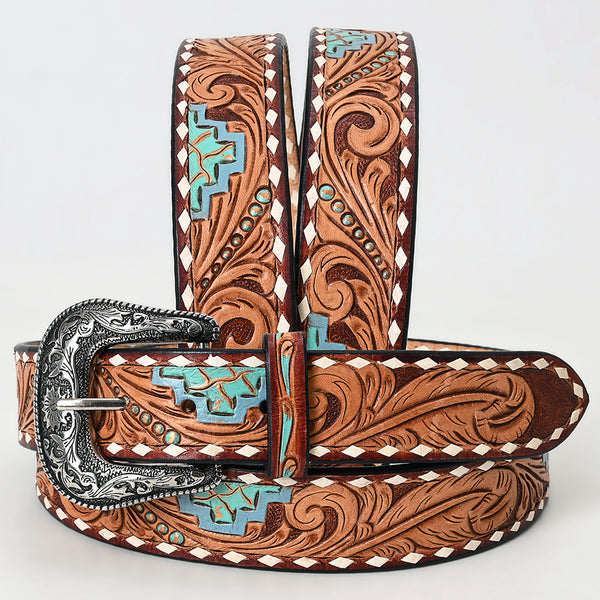 ADBLF259 Turquoise Aztec Tooled Leather Belt with Whipstitch and Engraved Buckle