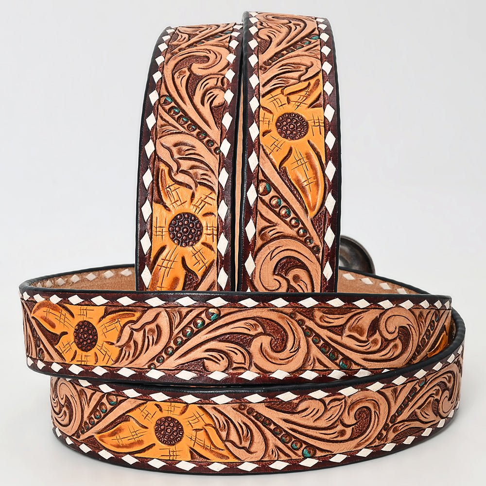 ADBLF260 Tooled Leather Western Belt with Sunflower Accents and Whipstitch Edge