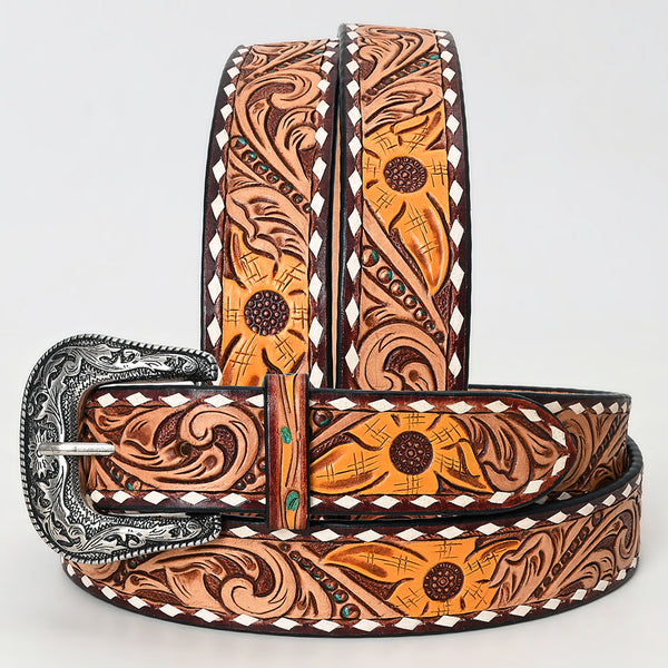 ADBLF260 Tooled Leather Western Belt with Sunflower Accents and Whipstitch Edge