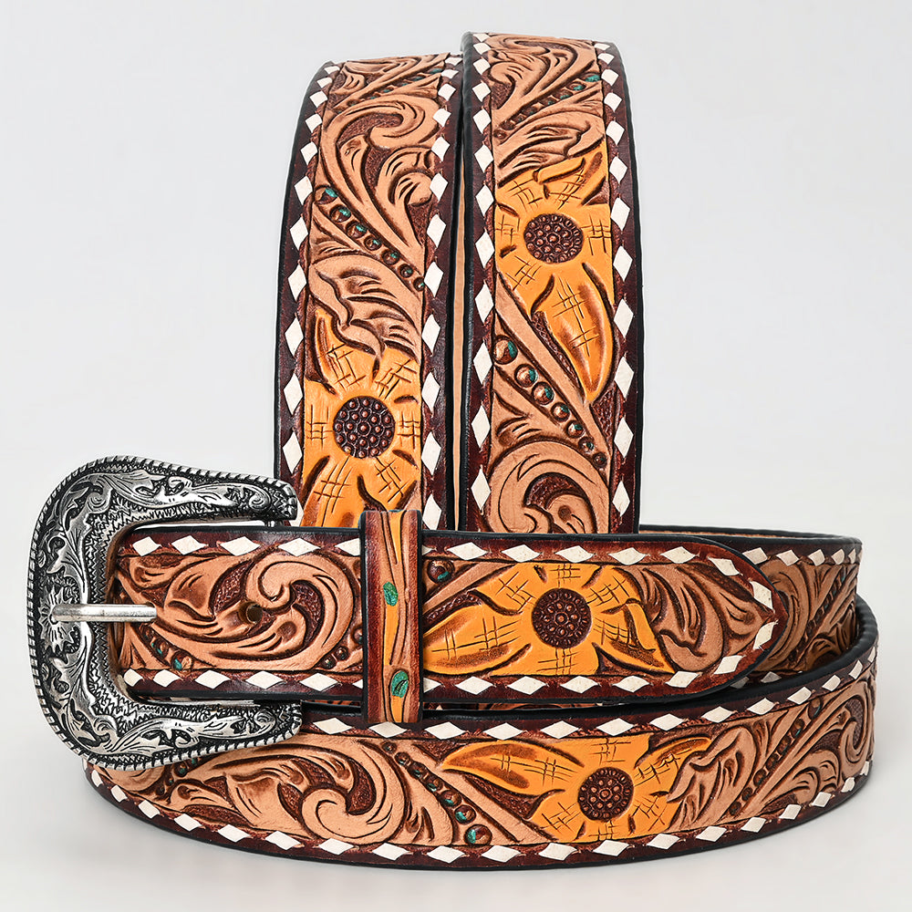 ADBLF260 Tooled Leather Western Belt with Sunflower Accents and Whipstitch Edge