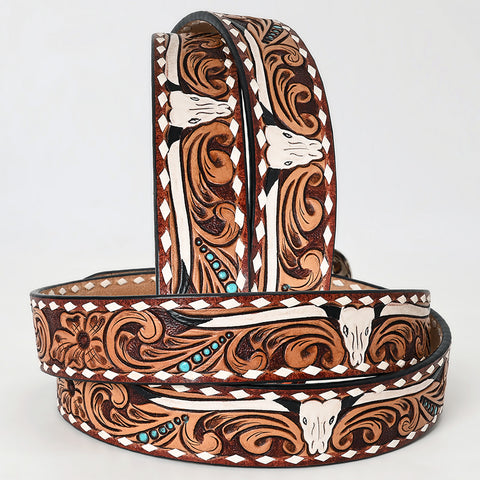 ADBLF261 Cow Skull Tooled Leather Western Belt with Turquoise Studs and Whipstitch