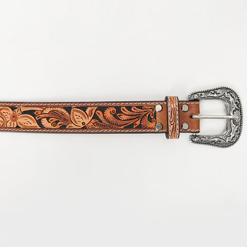 ADBLF262 Black & Tan Floral Tooled Leather Belt with Contrast Stitching and Silver Buckle