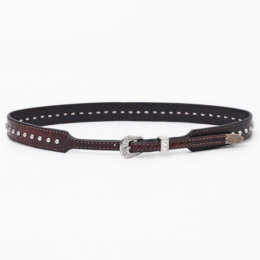 ADHTBR103 Western Studded Brown Leather Hatband with Engraved Silver Buckle