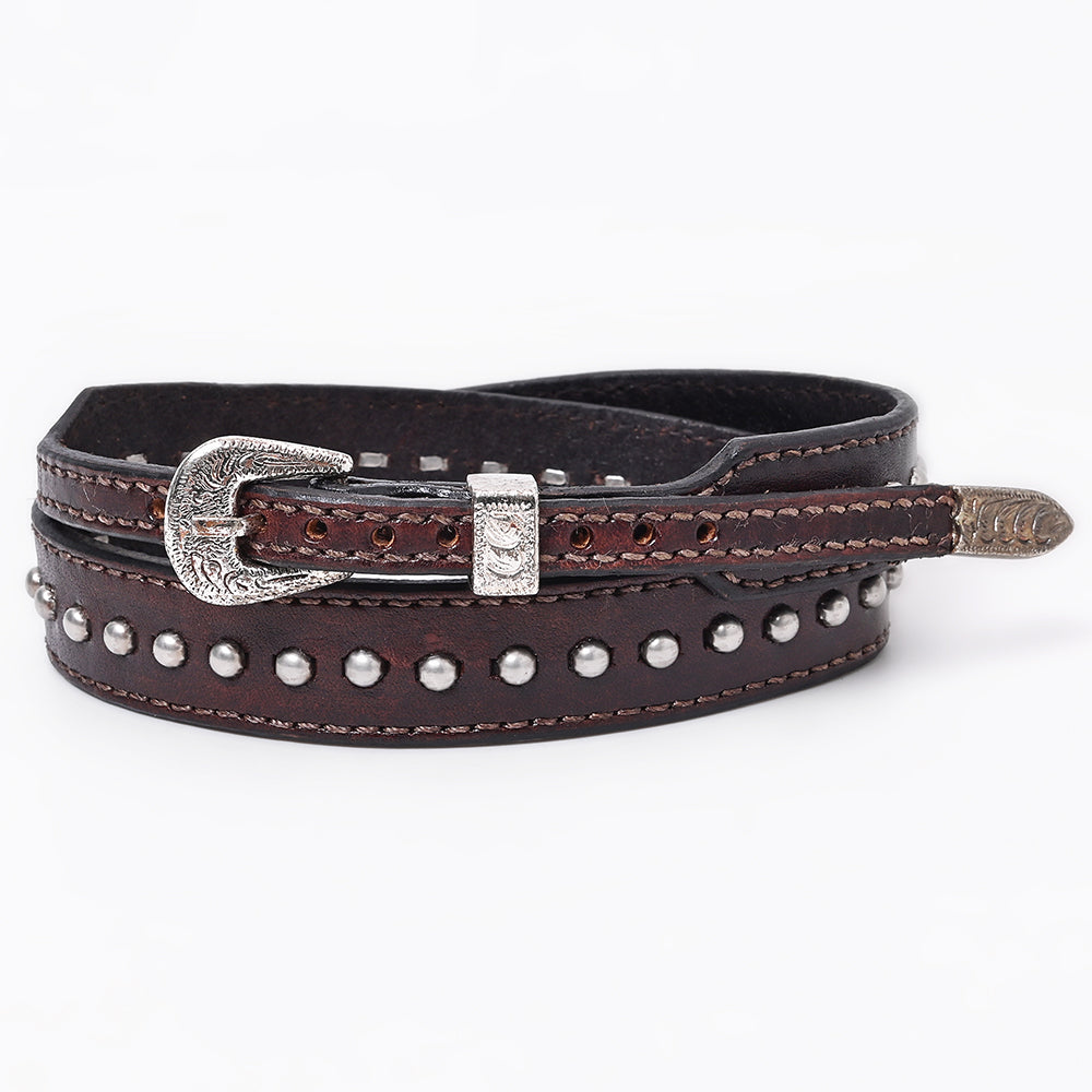 ADHTBR103 Western Studded Brown Leather Hatband with Engraved Silver Buckle