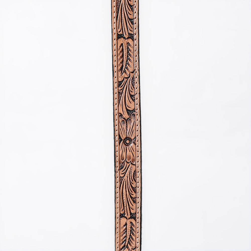 ADHTBR112 Natural Tooled Leather Western Hatband with Floral Design & Silver Buckle Set