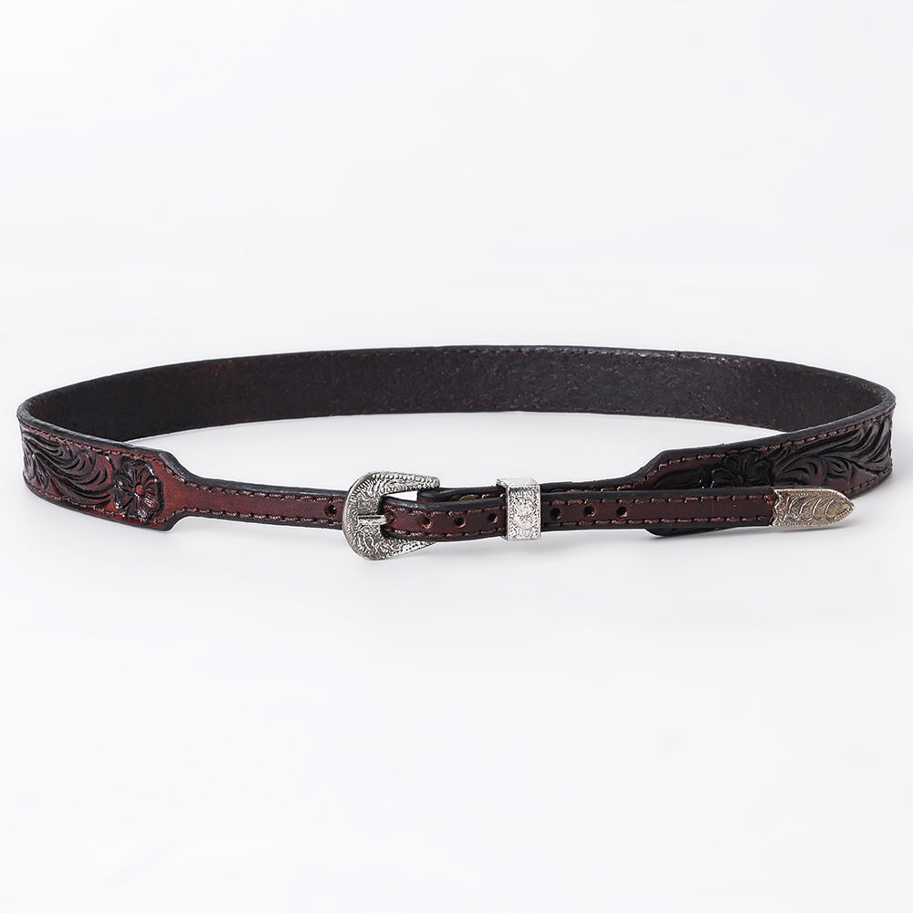 ADHTBR115 Deep Tooled Dark Brown Leather Western Hatband with Silver Buckle & Floral Detail