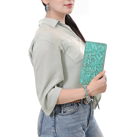American Darling Western Leather Clutch Bag with Hand-Tooled Floral Carving ï¿½ Genuine Leather