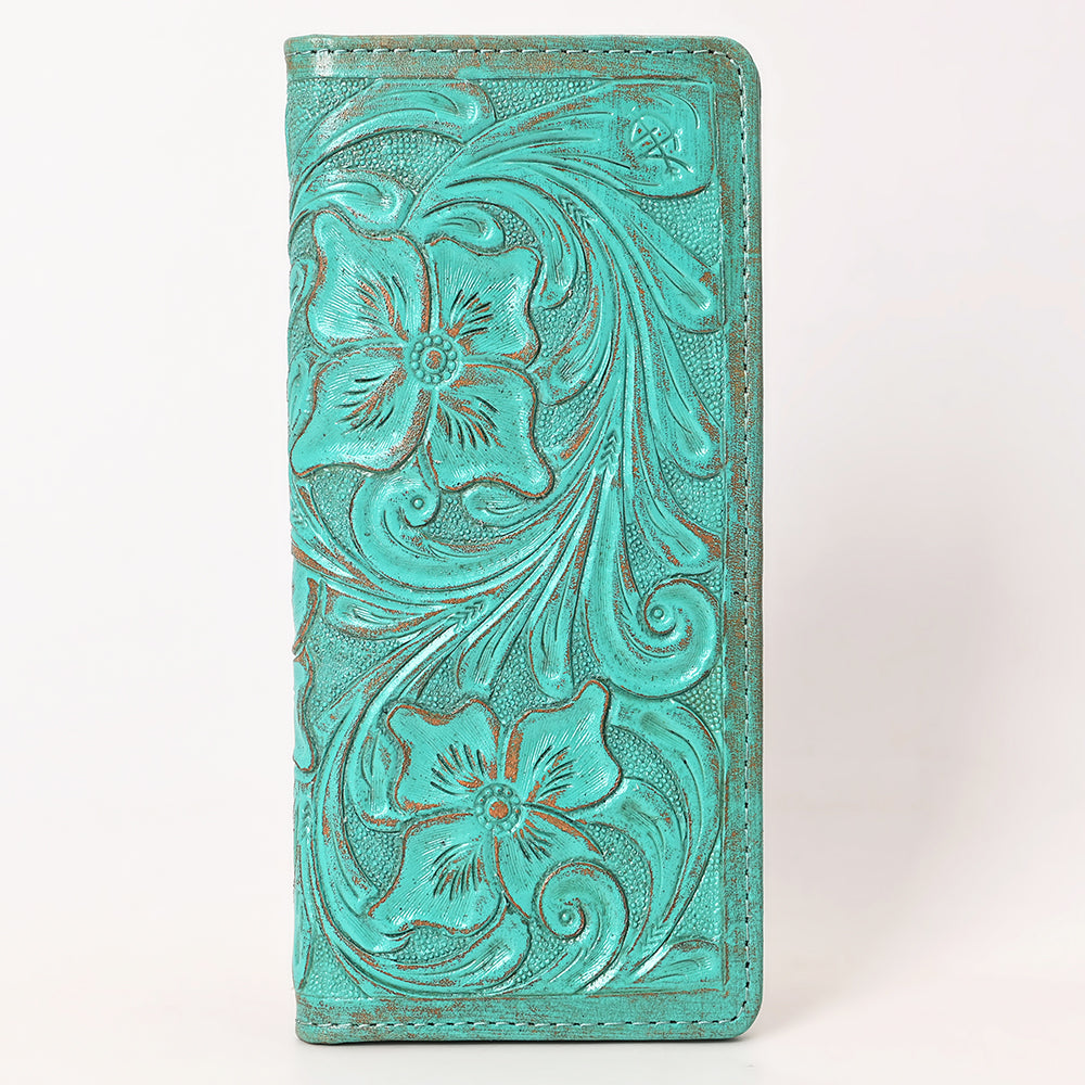 ADBG1537 Tooled Leather Wallet - Hand-Carved Western Floral Long Clutch