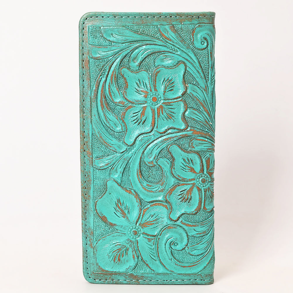 ADBG1537 Tooled Leather Wallet - Hand-Carved Western Floral Long Clutch