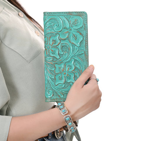 American Darling Western Leather Clutch Bag with Hand-Tooled Floral Carving ï¿½ Genuine Leather