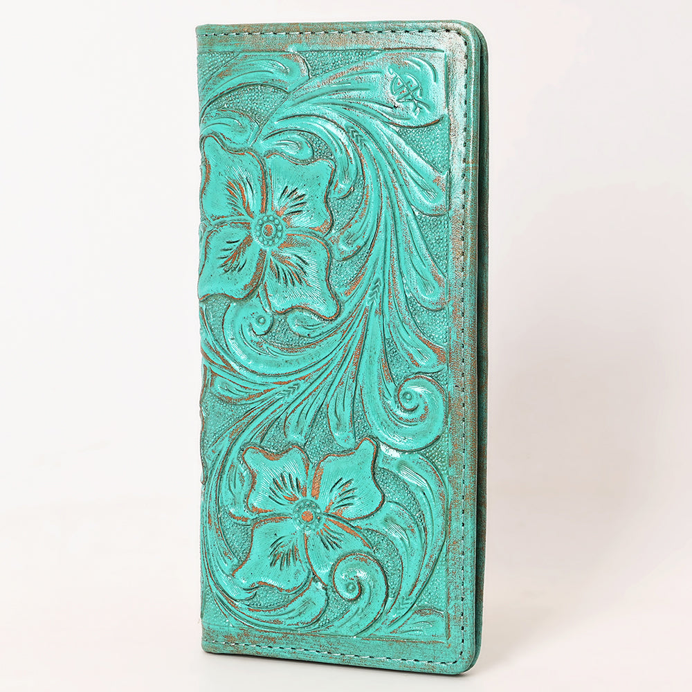 ADBG1537 Tooled Leather Wallet - Hand-Carved Western Floral Long Clutch
