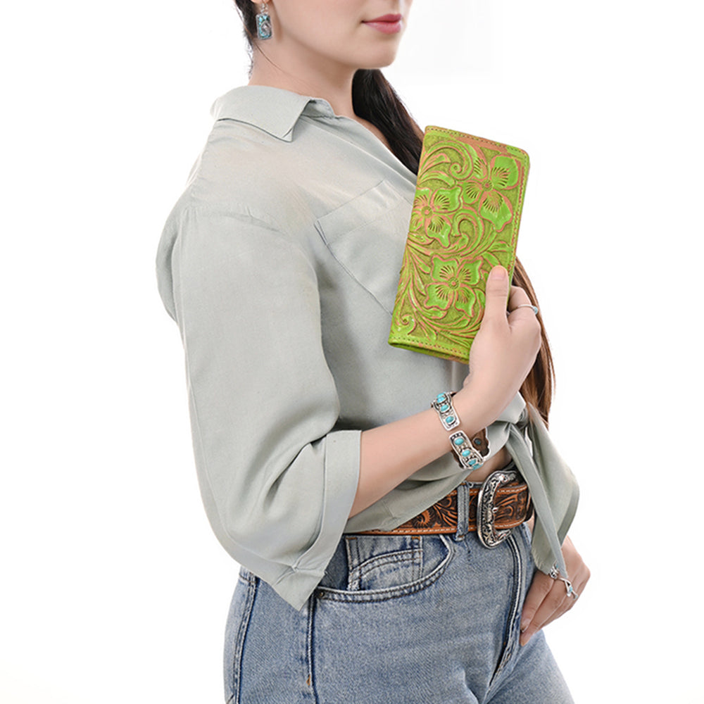 ADBG1537 Tooled Leather Wallet - Hand-Carved Western Floral Long Clutch
