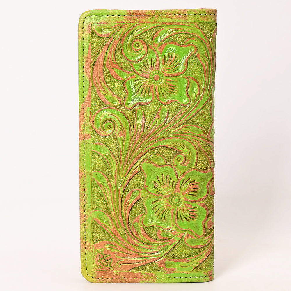 ADBG1537 Tooled Leather Wallet - Hand-Carved Western Floral Long Clutch
