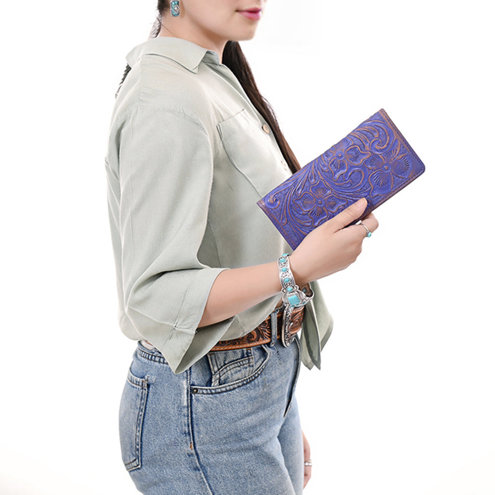 ADBG1537 Tooled Leather Wallet - Hand-Carved Western Floral Long Clutch