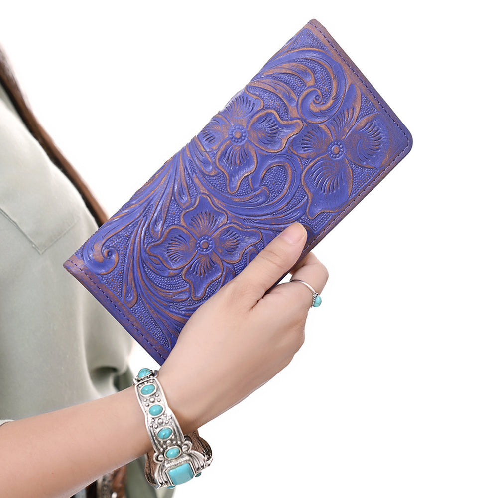 ADBG1537 Tooled Leather Wallet - Hand-Carved Western Floral Long Clutch