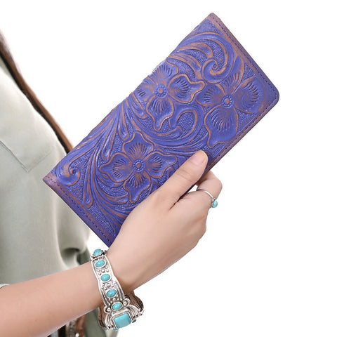 American Darling Western Leather Clutch Bag with Hand-Tooled Floral Carving ï¿½ Genuine Leather