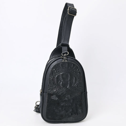 American Darling Western Leather Sling Bag with Black Crocodile Embossed Detailing ï¿½ Genuine Hair-on cowhide Leather