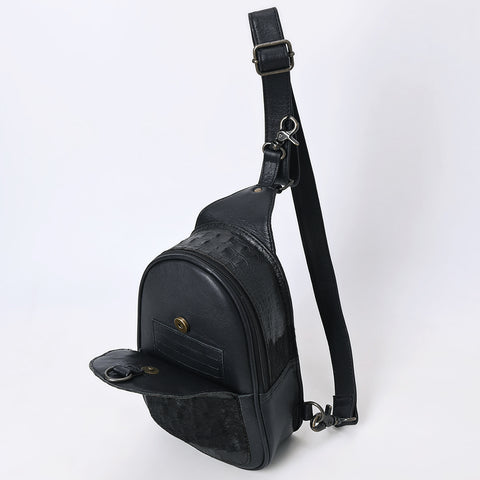 American Darling Western Leather Sling Bag with Black Crocodile Embossed Detailing ï¿½ Genuine Hair-on cowhide Leather