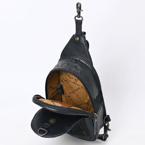 American Darling Western Leather Sling Bag with Black Crocodile Embossed Detailing ï¿½ Genuine Hair-on cowhide Leather